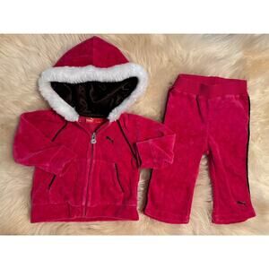 Puma Velour Warm Up Hoodie and Pants Suit Sweatsuit – Hot Pink – 3-6m